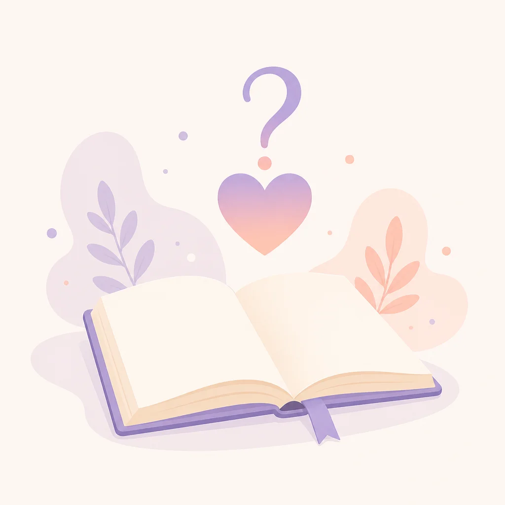 An open notebook with a small heart and a question mark floating above it