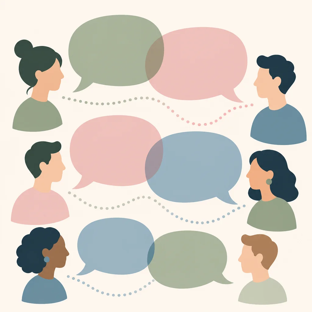 Overlapping speech bubbles in sage, pink and blue connected by dotted lines