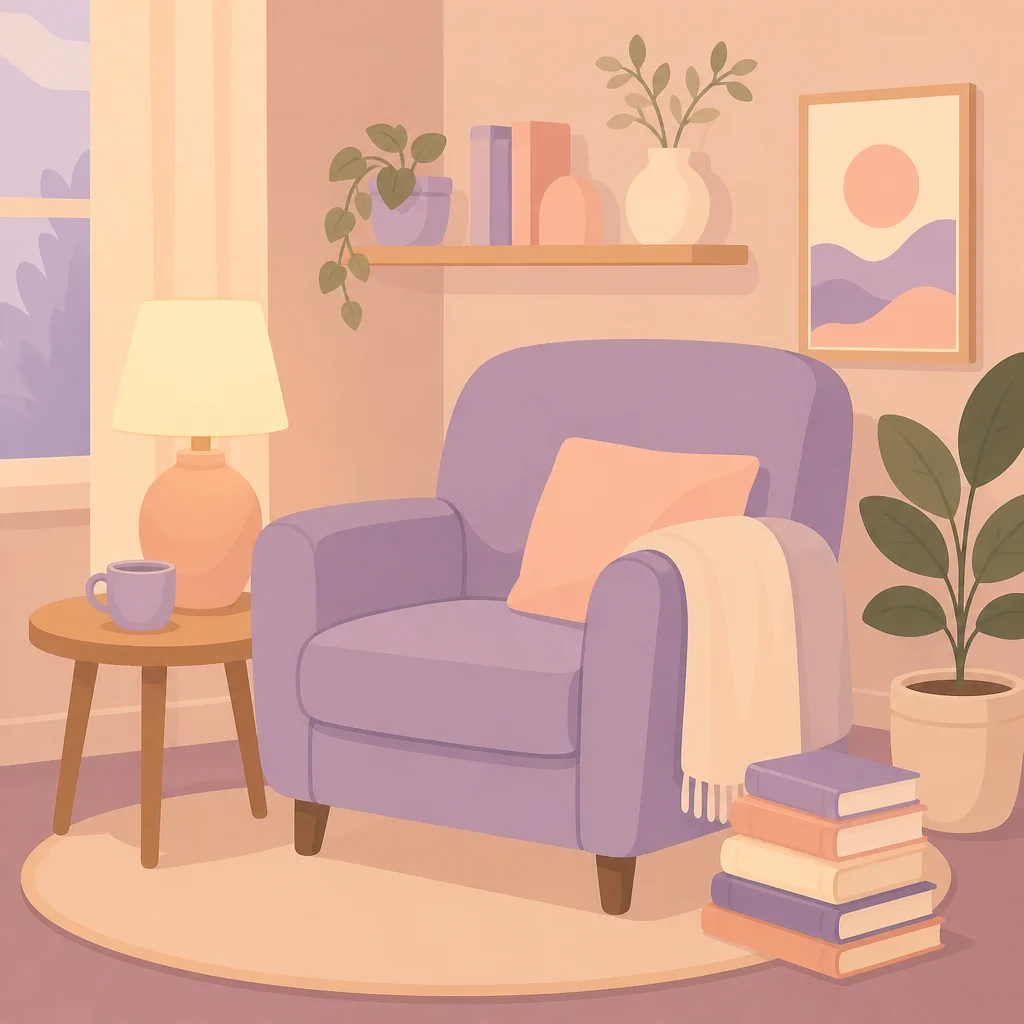 A cozy reading nook with an armchair, books, and a warm glowing lamp