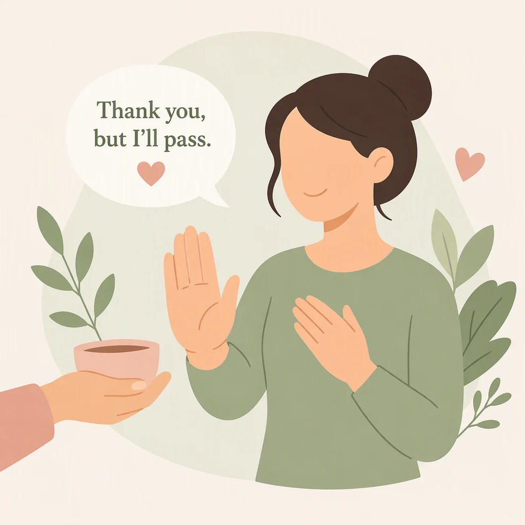 Illustration of a kind person gently raising an open palm in a polite decline gesture