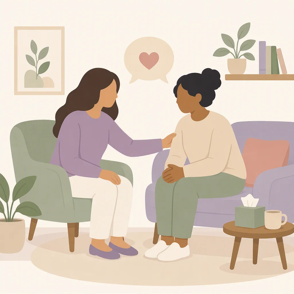 Illustration of two figures in a caring conversation with a speech bubble containing a heart