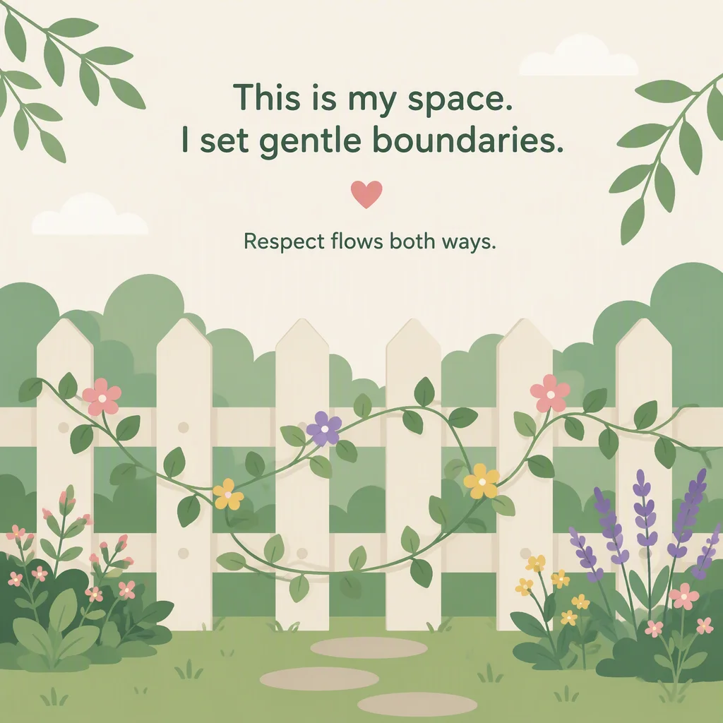 Illustration of a soft garden fence with gentle green vines and small flowers, representing a kind boundary
