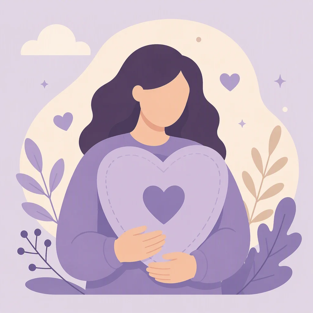 Illustration of a person holding a soft heart-shaped shield, gentle and protective