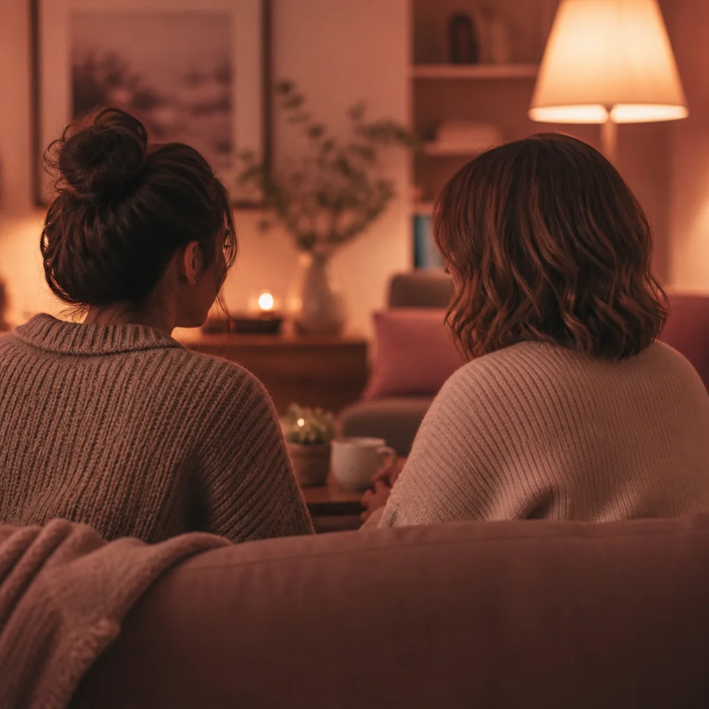 Two people talking about the fluid bonding conversation on a couch in warm light