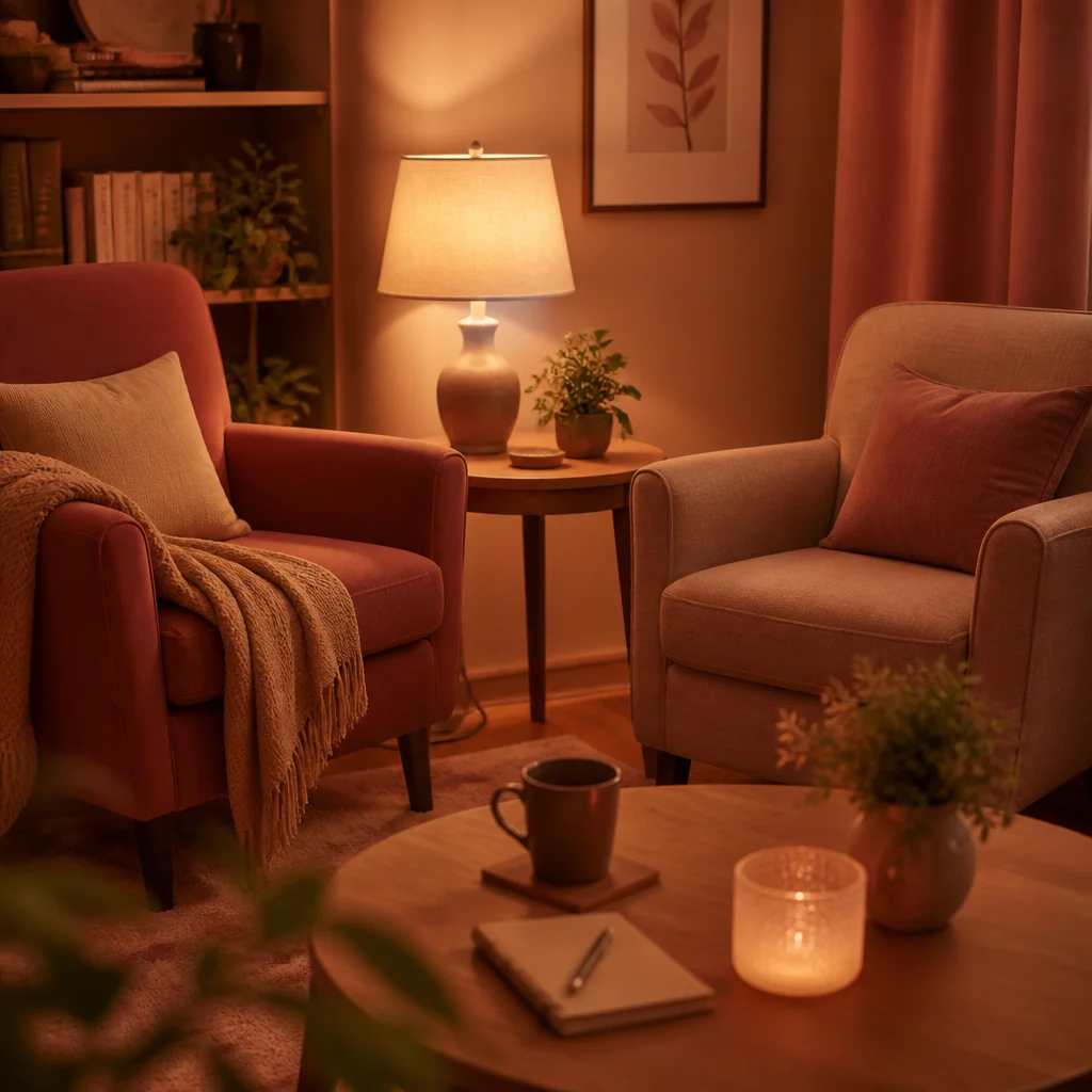 Cozy living room with two chairs and warm lamplight