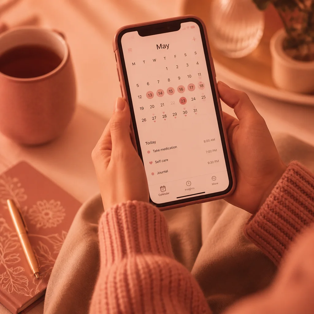 Hands holding a phone showing a calendar app