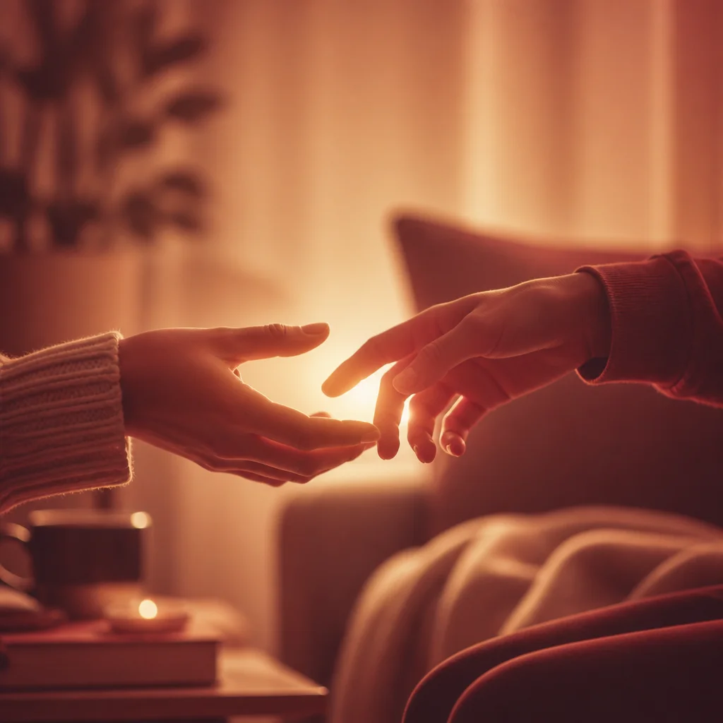 Two hands reaching toward each other with a soft glow