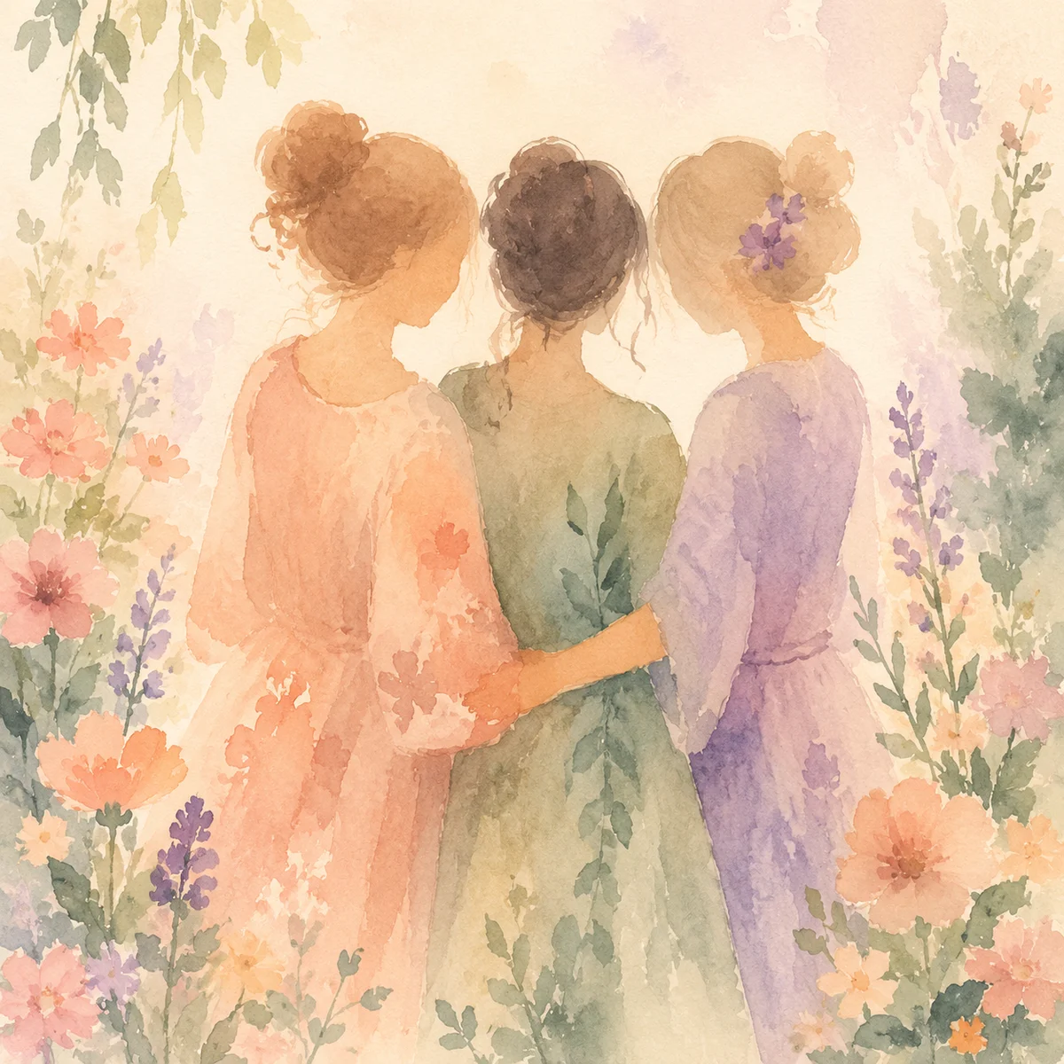 Three abstract watercolor figures standing close together, representing partners discussing their polyamory style.