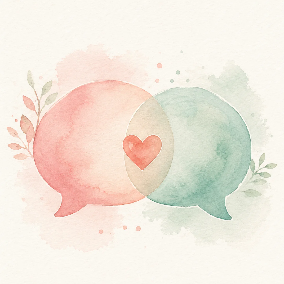 Two soft watercolor speech bubbles overlapping with a heart, illustrating a polyamory style conversation.