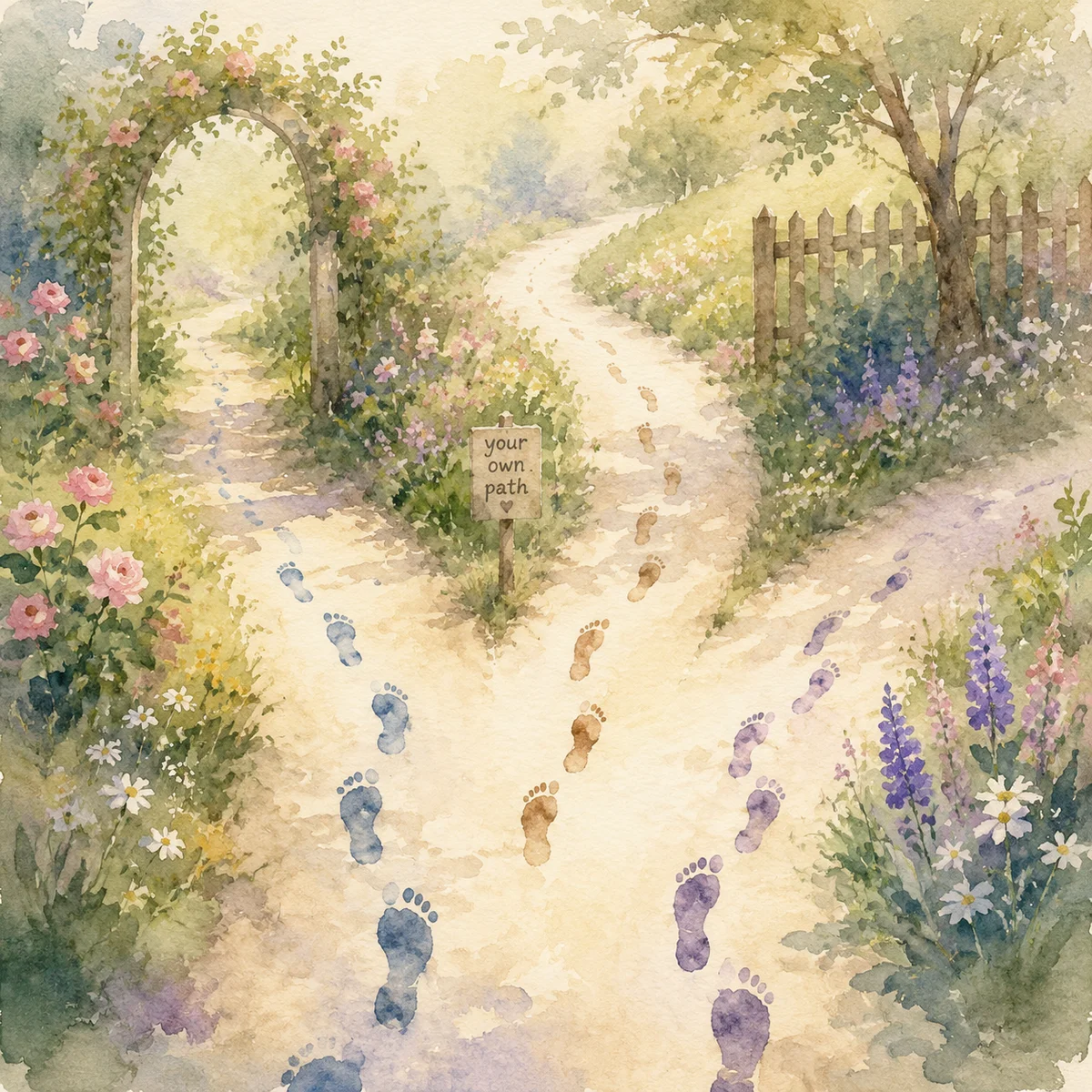A watercolor garden path with three pairs of footprints branching in different directions, symbolising different polyamory styles.