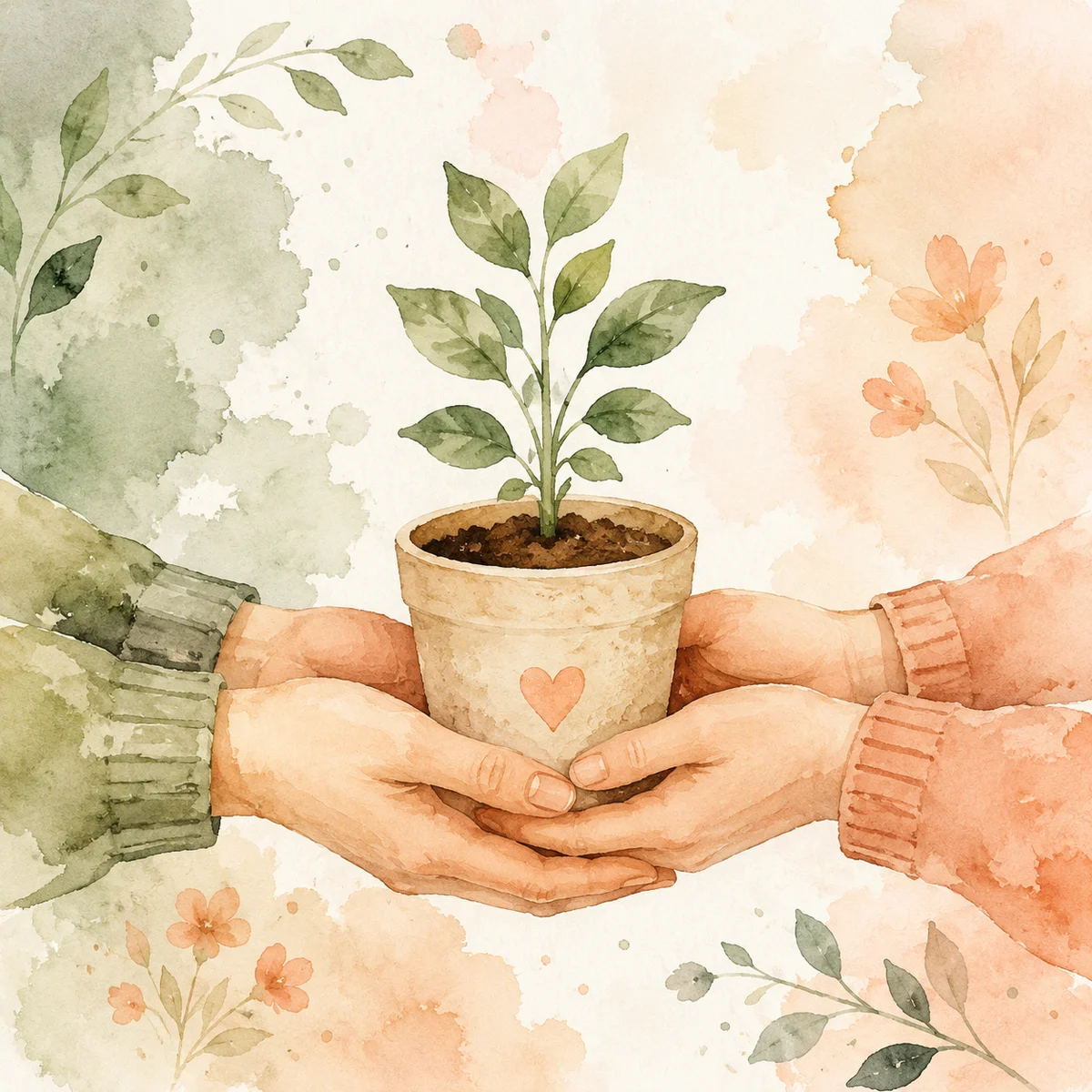 Two watercolor hands holding a small potted plant together, symbolising gentle polyamory style check-ins.
