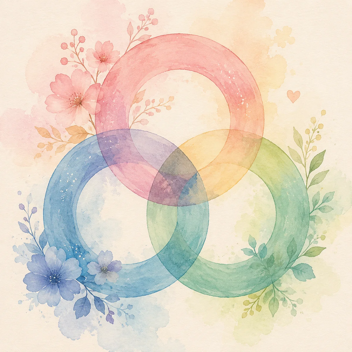 Three interlocking watercolor circles with floral accents, representing the spectrum of polyamory styles.