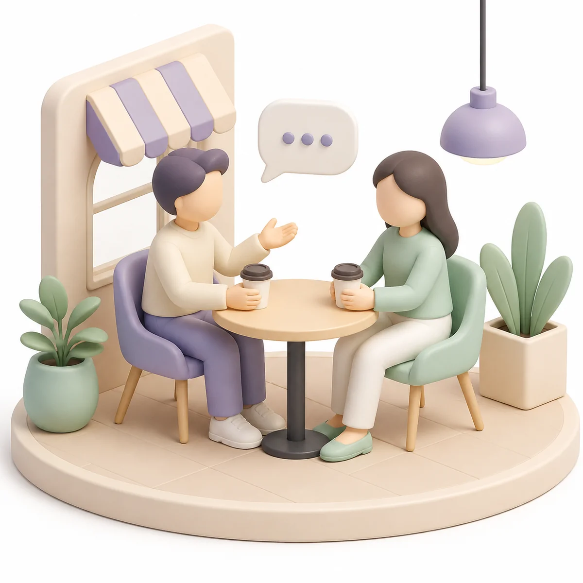 Couple discussing monogamish boundaries at a cafe, isometric illustration