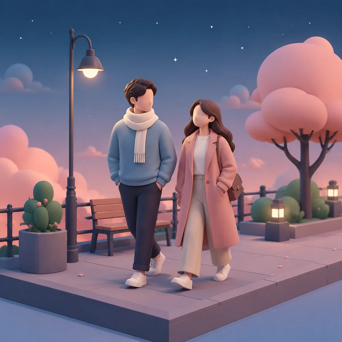 Couple walking together after a monogamish talk, isometric illustration
