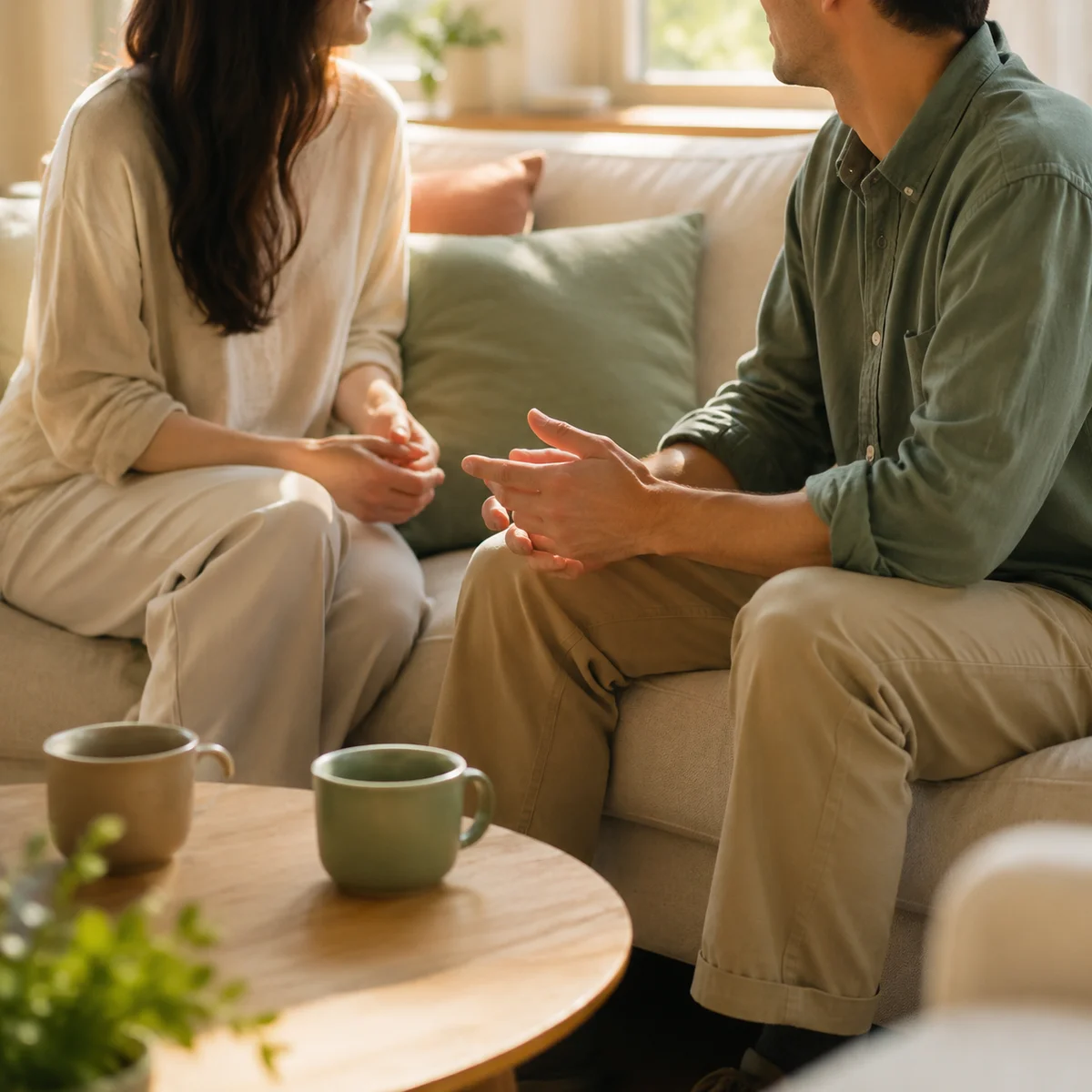 Couple talking about the hotwife lifestyle in a calm living room conversation