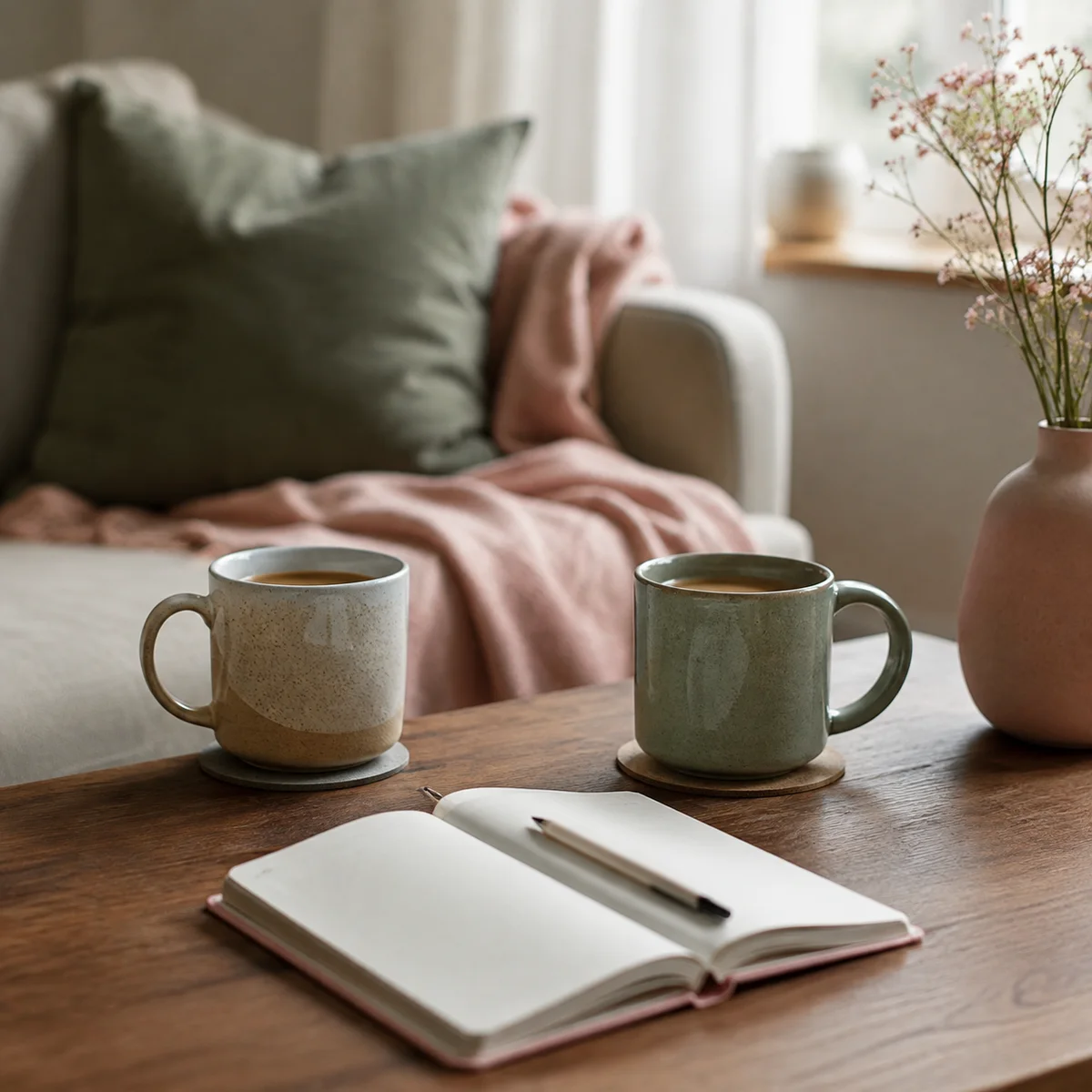 Coffee mugs and a notebook representing a quiet conversation about the hotwife lifestyle