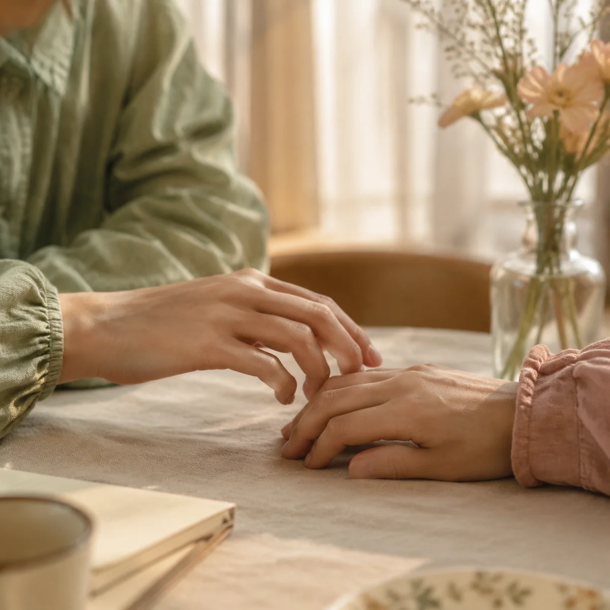 Hands reaching toward each other during a gentle conversation about wife sharing