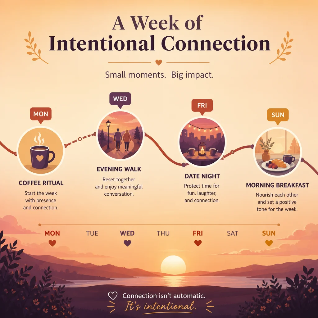 Timeline infographic showing a week of intentional connection activities from Monday to Sunday