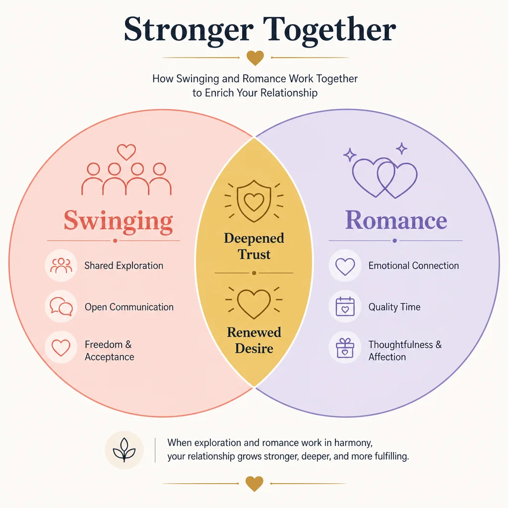 Venn diagram infographic showing the overlap between swinging and romance creating deepened trust and renewed desire