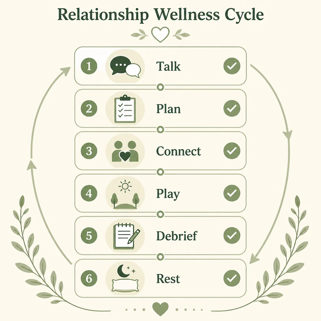 Checklist infographic showing a six-step relationship wellness cycle with icons for Talk, Plan, Connect, Play, Debrief, and Rest