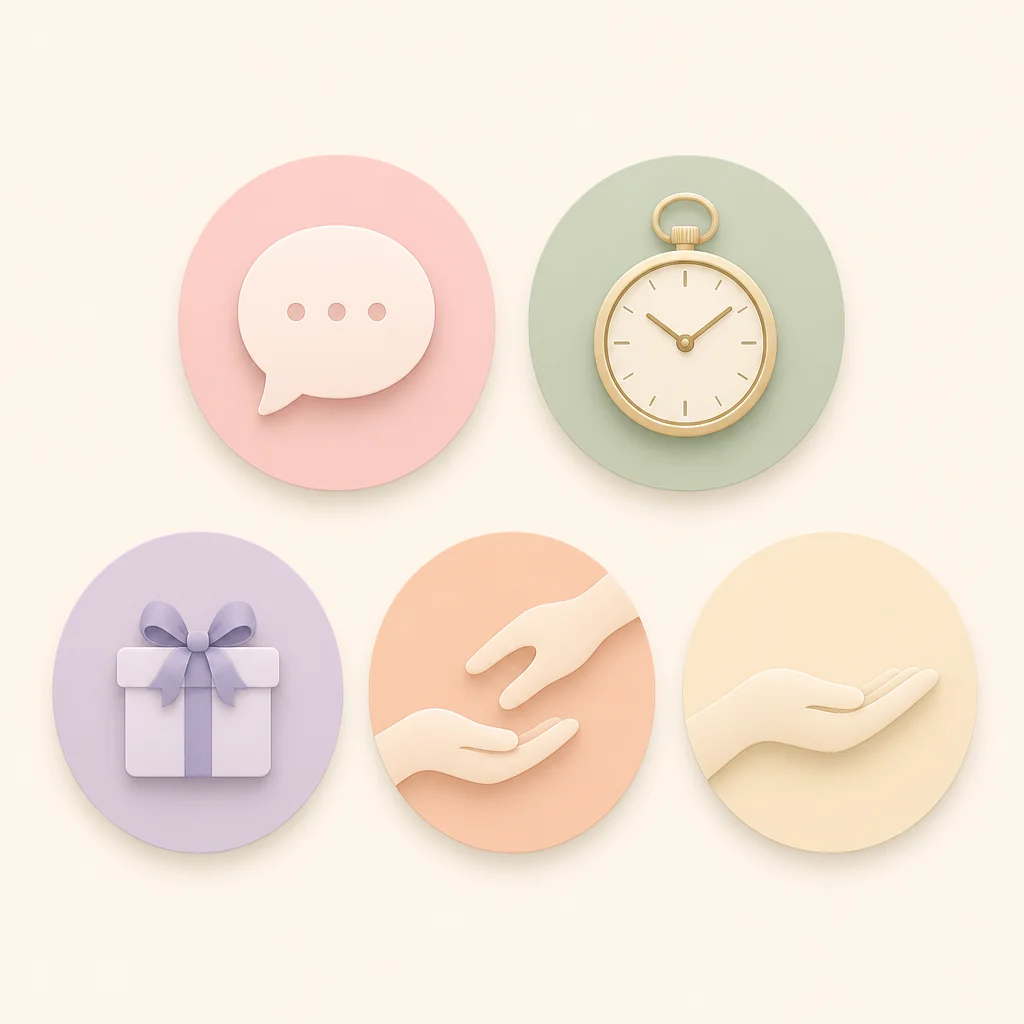 The five love languages in polyamory shown as pastel infographic icons