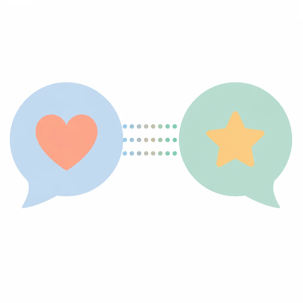 Two speech bubbles connected by a dotted bridge, translating love