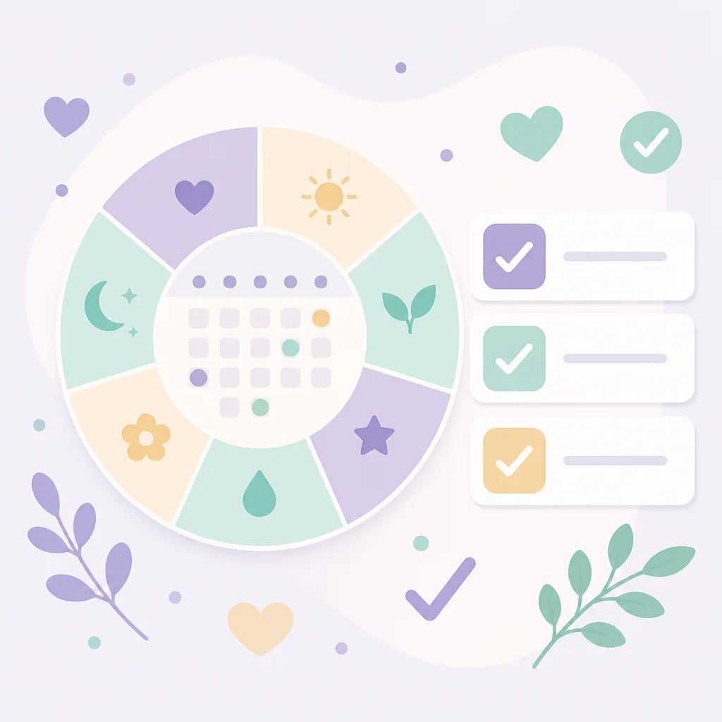 A circular calendar beside a short checklist for love language check-ins