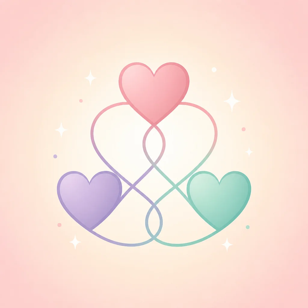 Three pastel hearts connected by a looping line