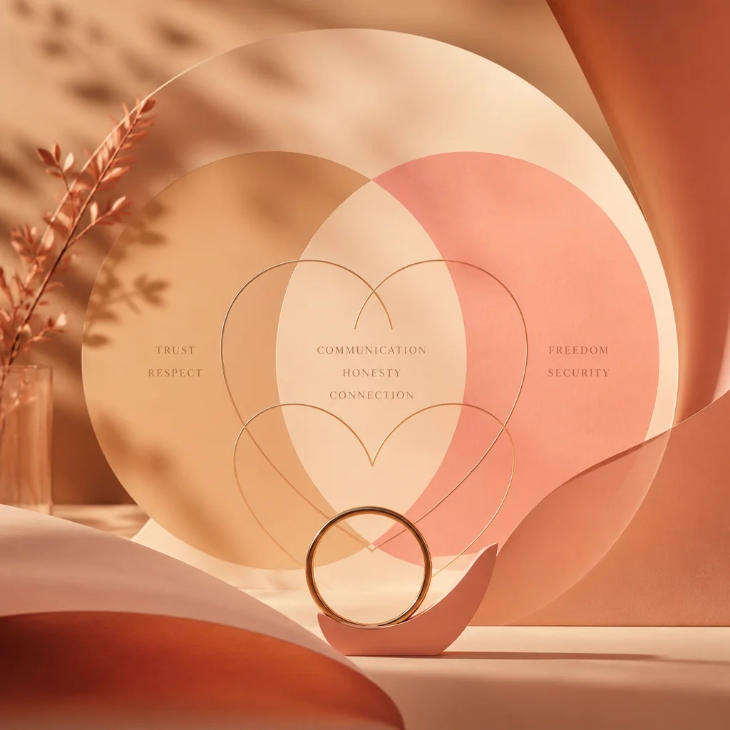 Balanced scale with three identical pans in amber and rose gold tones symbolizing triad equity