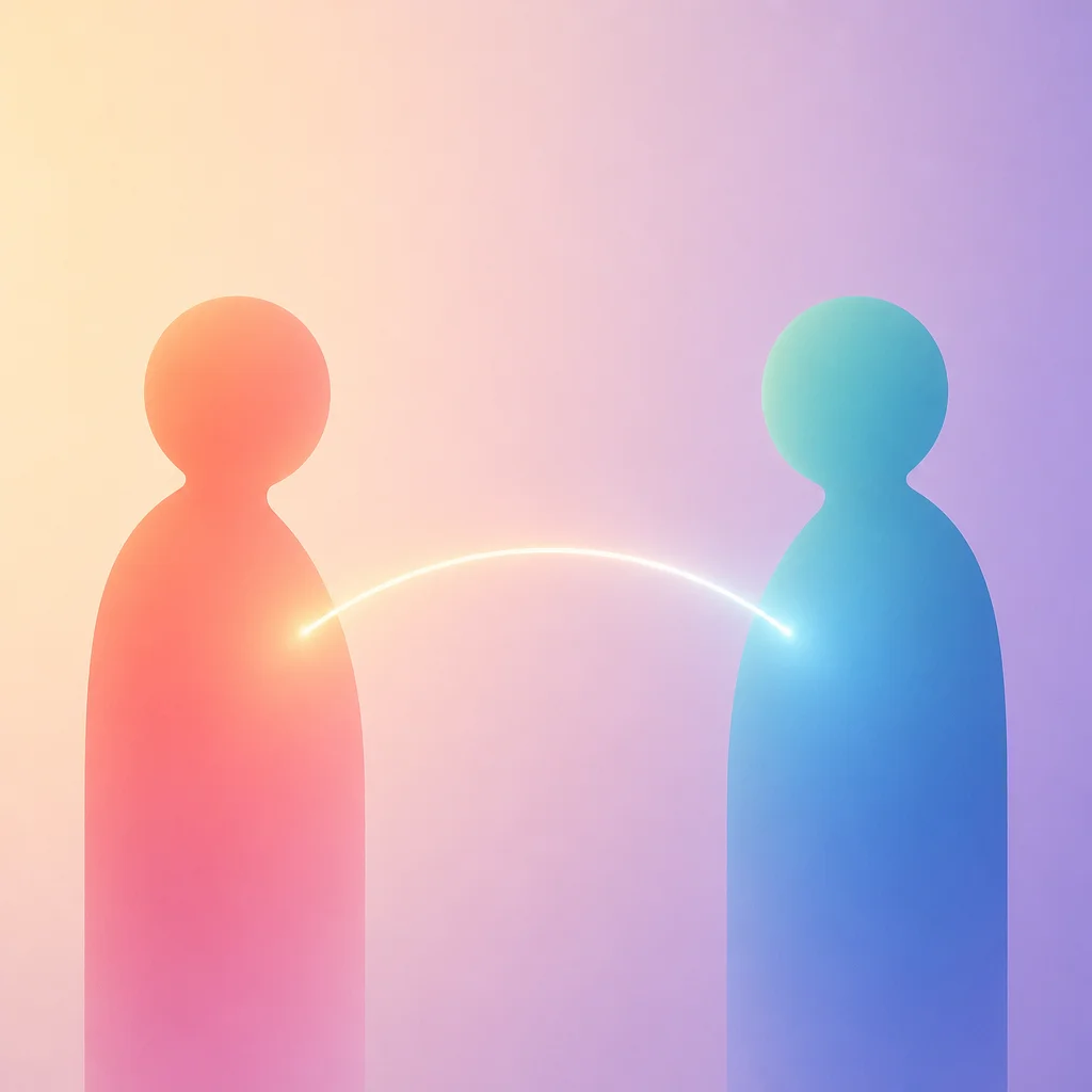 Two abstract silhouettes with different gradients connected by a line of light