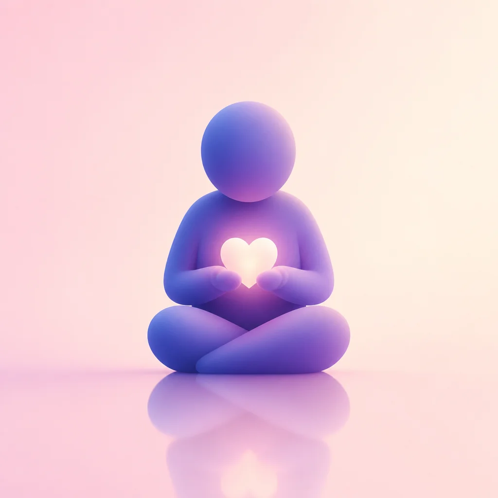Abstract figure holding a glowing heart, representing self-reflection