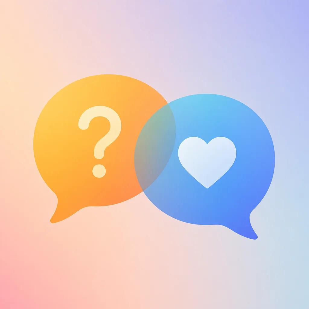 Two overlapping gradient speech bubbles, one with a question mark