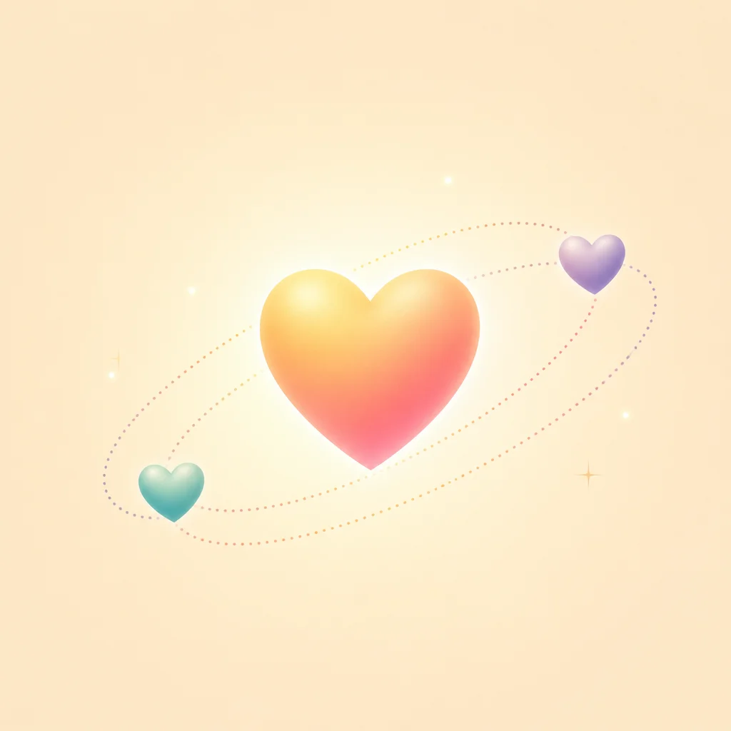 Two small hearts orbiting a larger glowing heart, representing balance