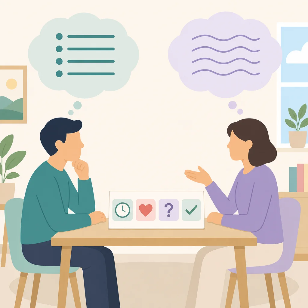 Flat vector illustration style, soft pastel palette. A simple desk scene with two people seated across from each other. 