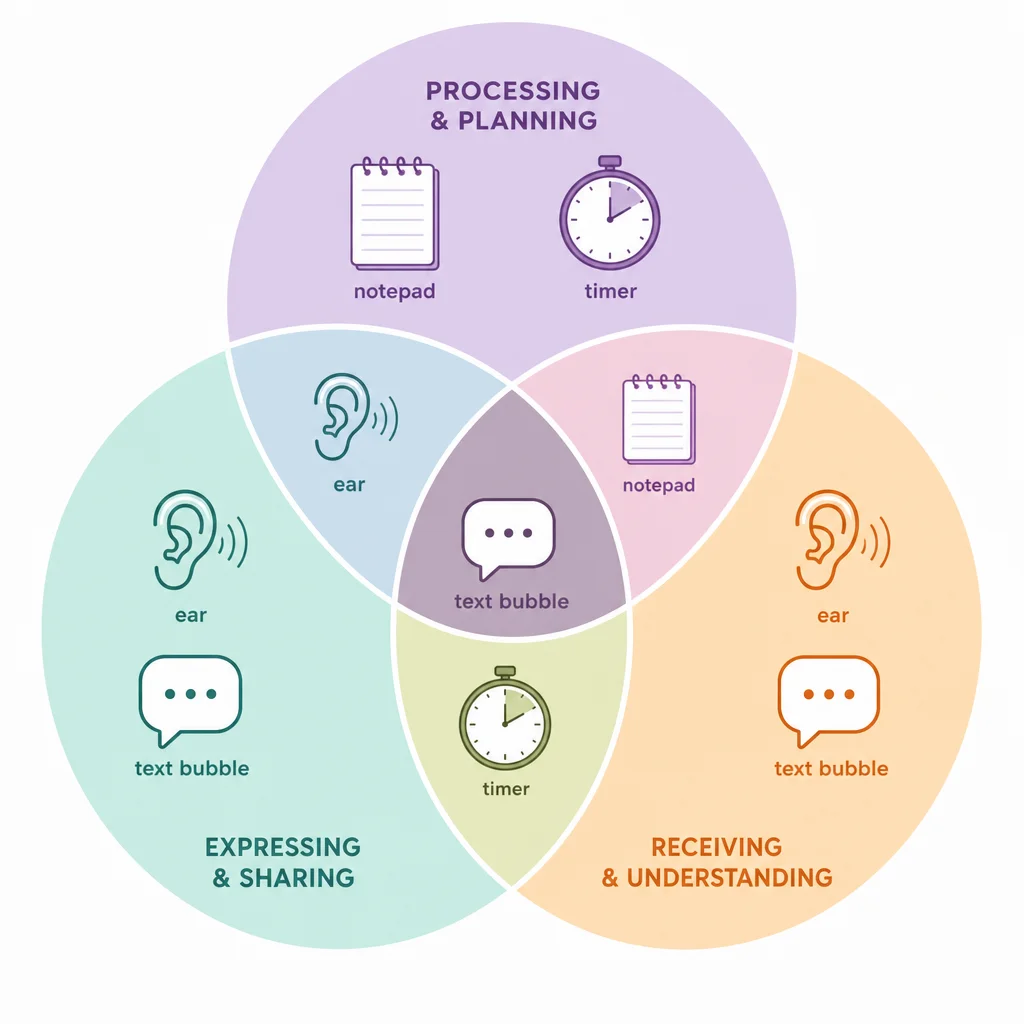 Flat vector illustration style, soft pastel palette. Three connected circles in a Venn diagram formation, each circle a 