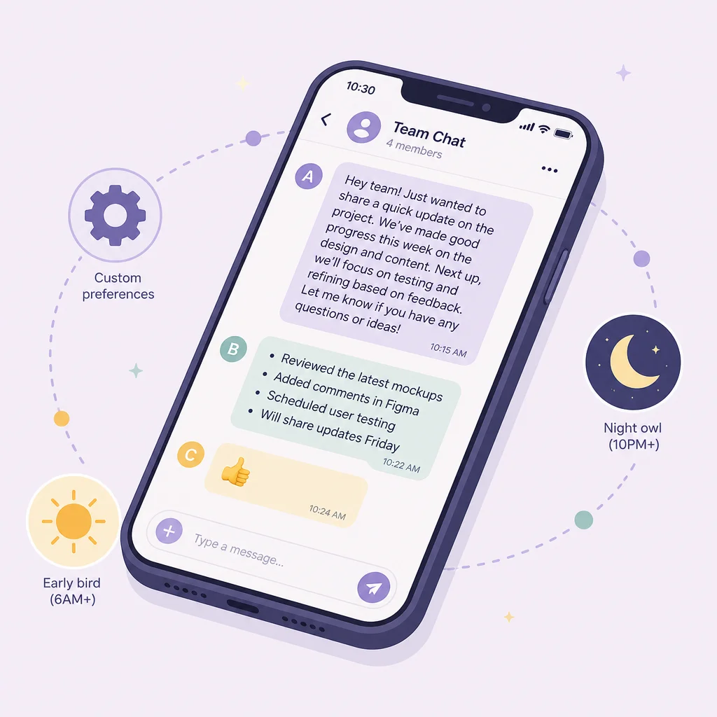 Flat vector illustration style, soft pastel palette. A smartphone screen shown in isometric perspective, with a messagin