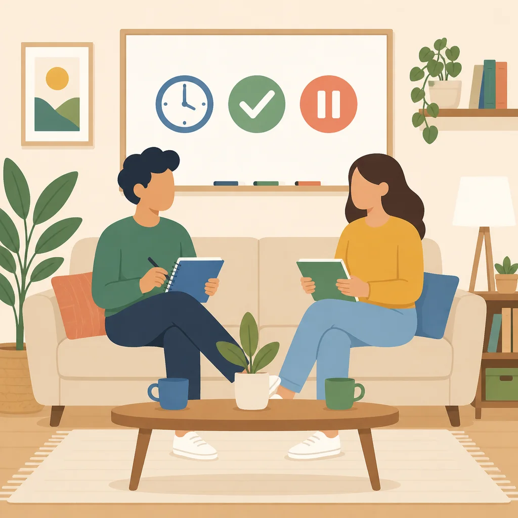 Flat vector illustration style, soft pastel palette. A warm living room scene rendered in simple geometric shapes. Two f