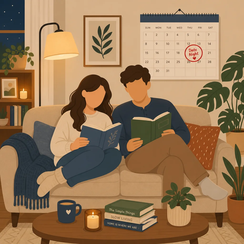 Flat vector illustration of a couple relaxing together at home in a cozy living room setting