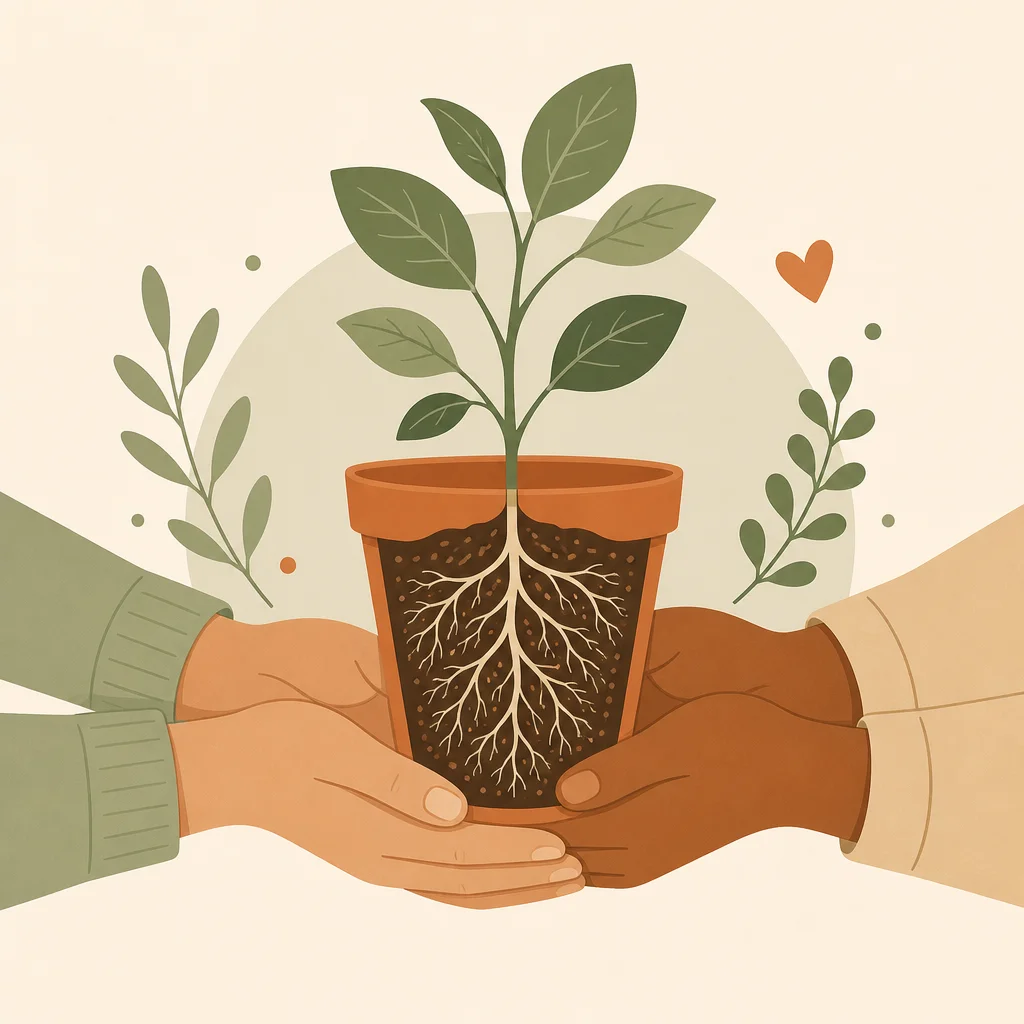 Flat vector illustration of two hands holding a growing plant together symbolizing relationship nurturing