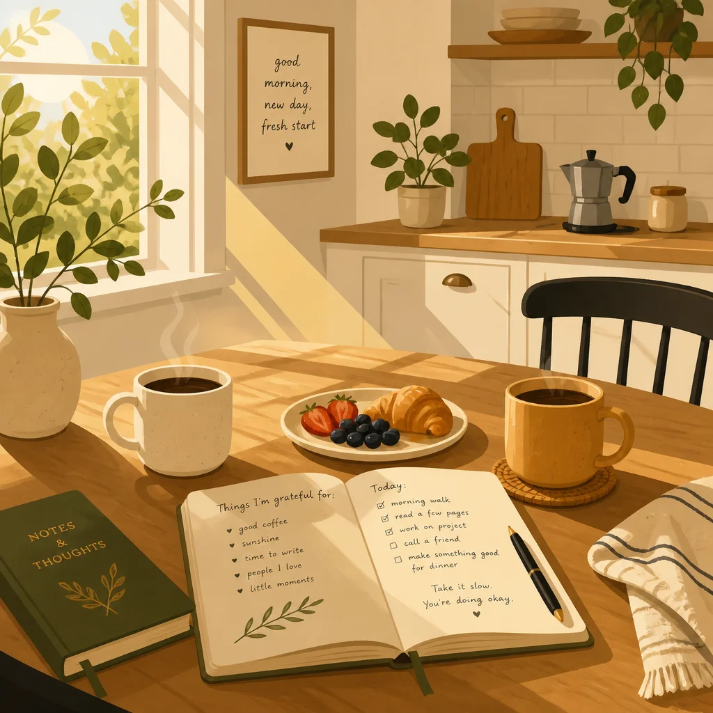 Flat vector illustration of a peaceful breakfast table scene with coffee and a shared journal