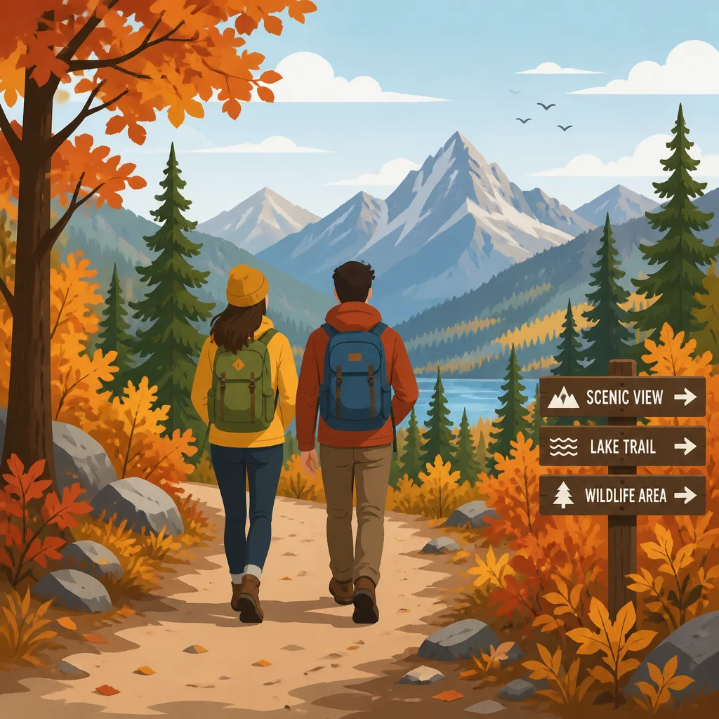 Flat vector illustration of a couple walking together on a nature trail surrounded by autumn scenery