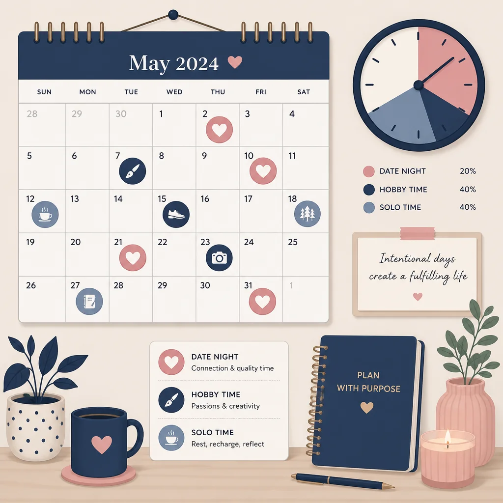 Flat vector illustration of a wall calendar with colorful stickers marking different types of intentional time together