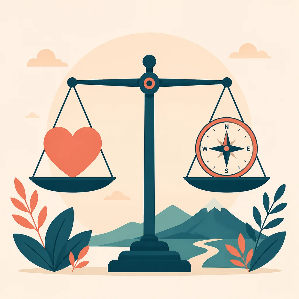 Flat vector illustration of a balanced scale with a heart and compass representing equilibrium between love and adventure