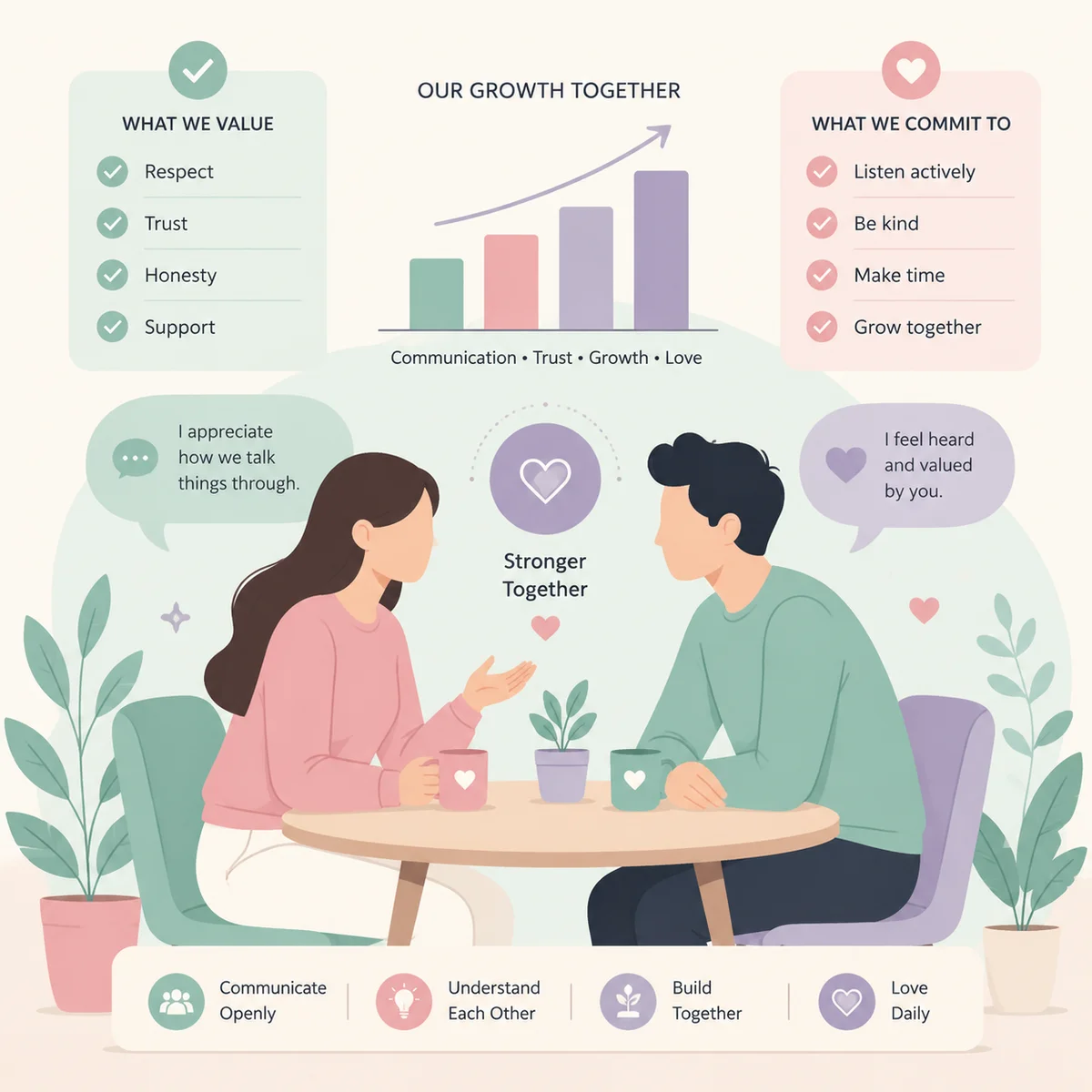 Infographic of a couple discussing open relationship rules at a table