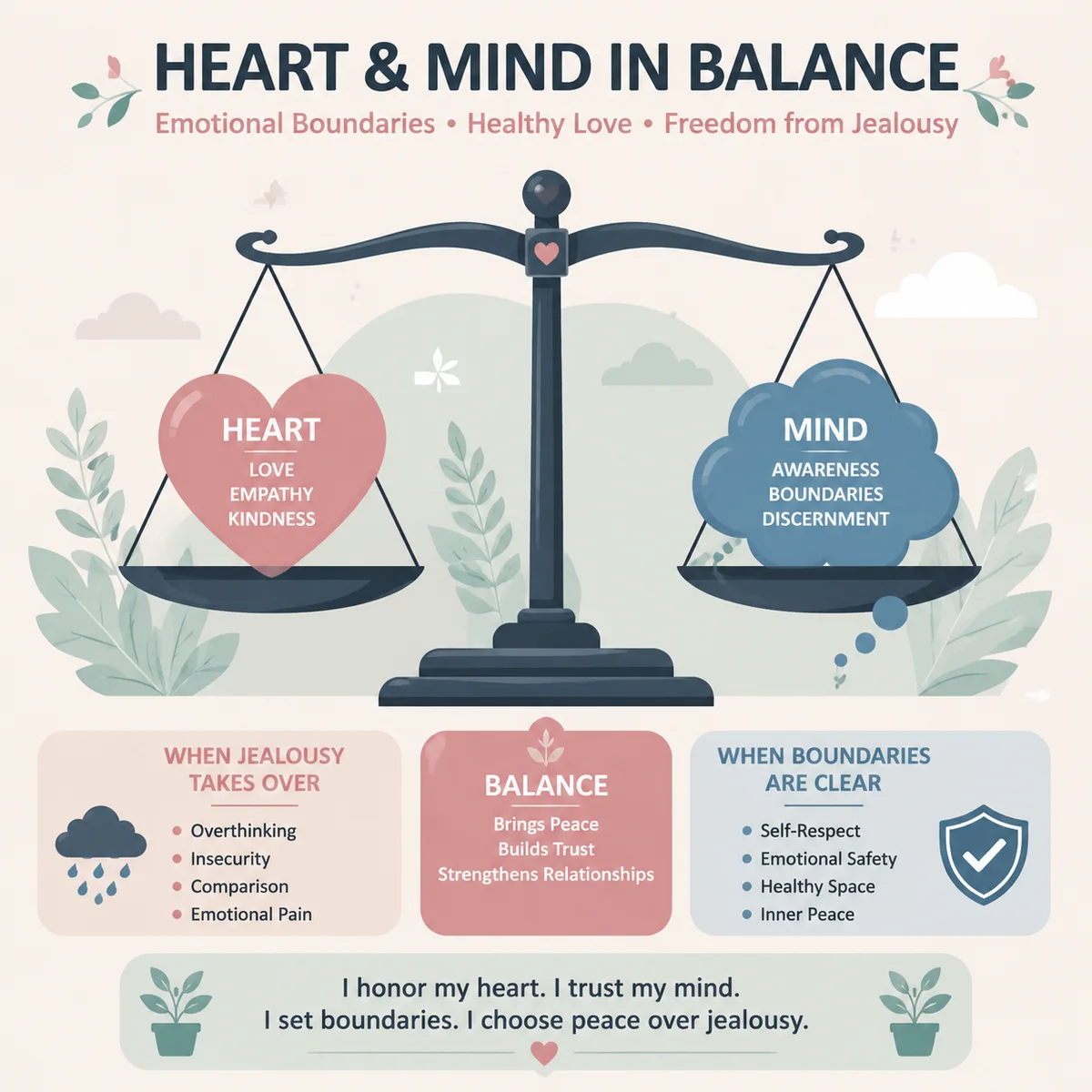 Infographic of a balanced scale with heart and thought bubble for emotional boundaries