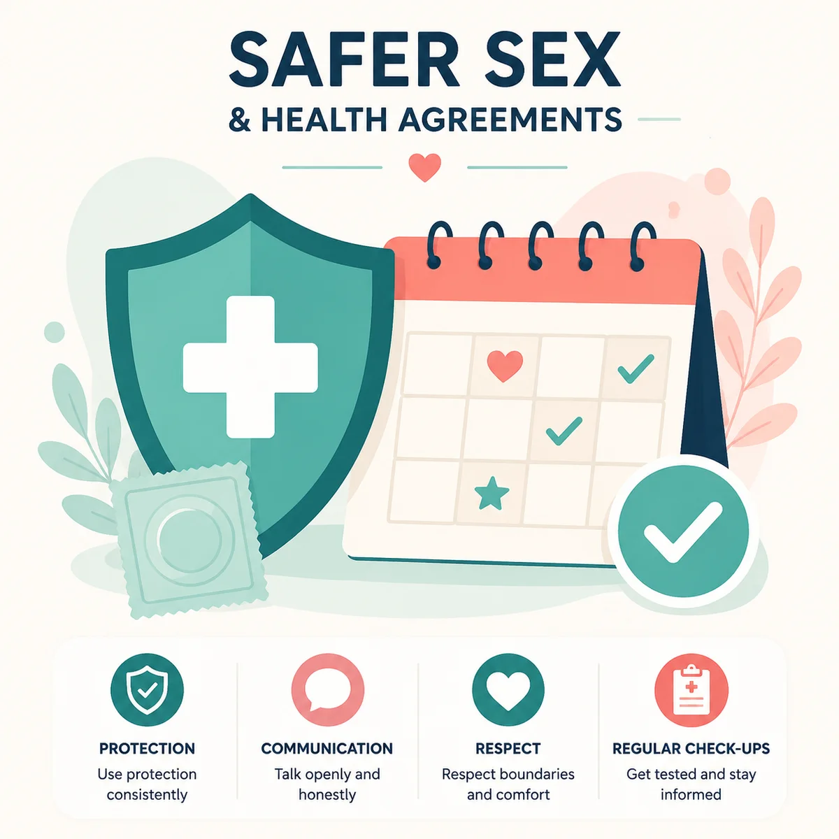 Infographic of a shield with medical cross and calendar for safer sex rules