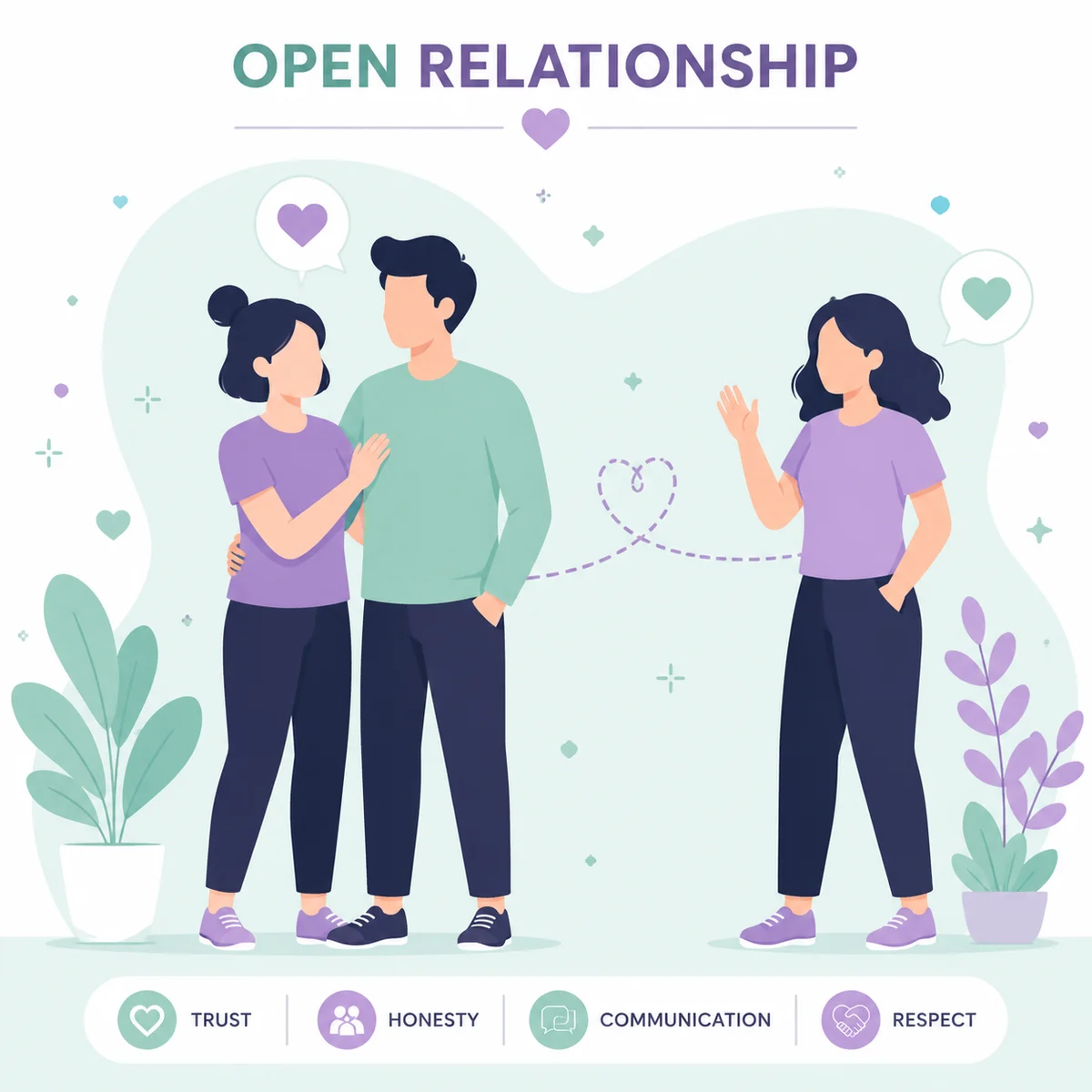 Flat vector illustration of an open relationship with a couple and a separate partner