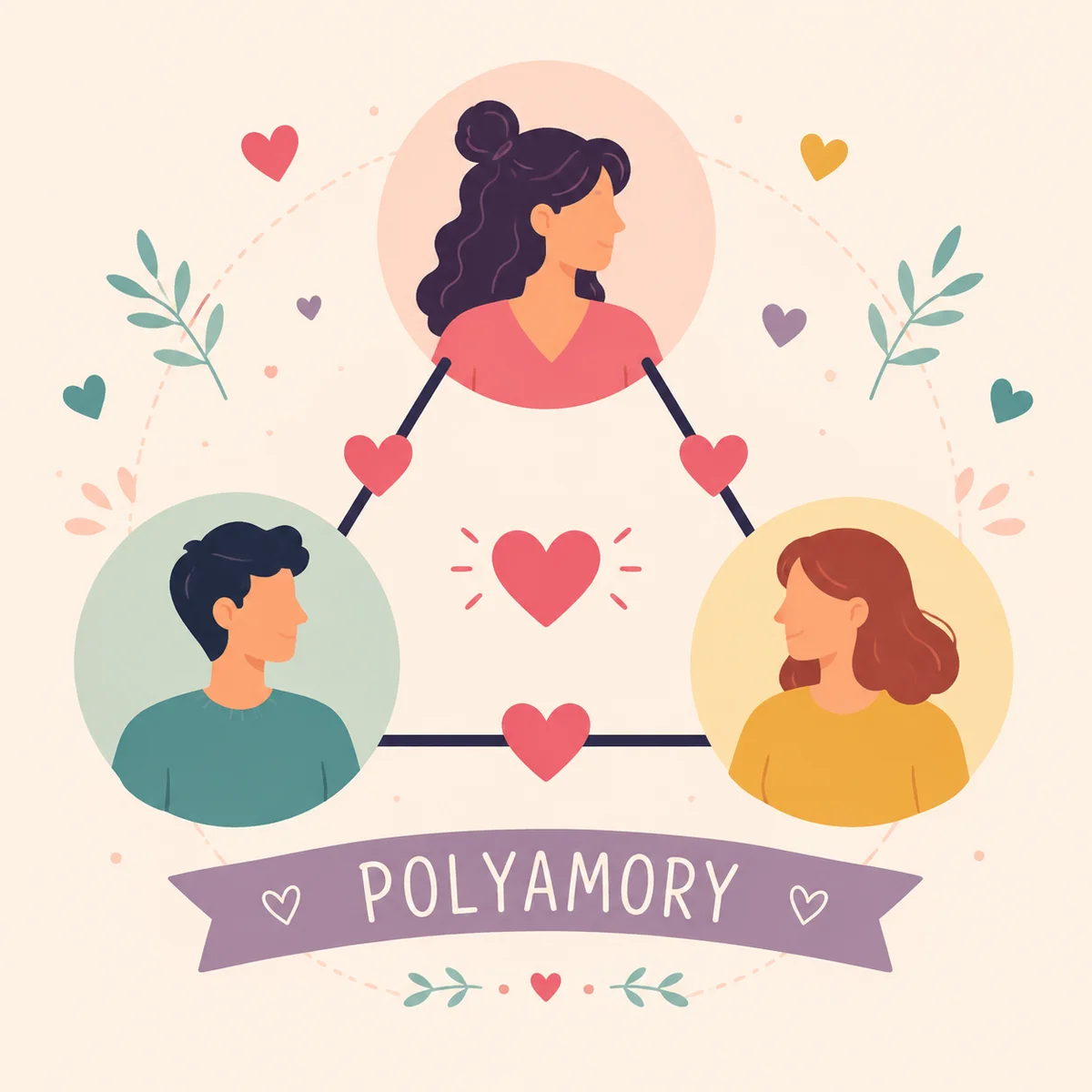 Flat vector illustration of interconnected figures representing polyamory