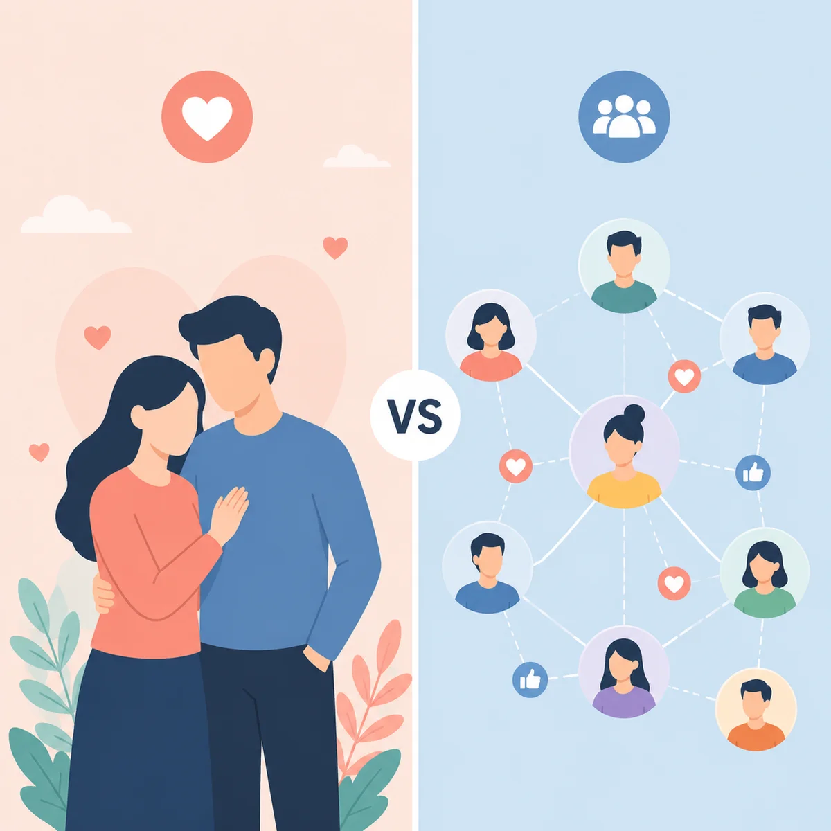 Flat vector comparison of open relationship versus polyamory side by side