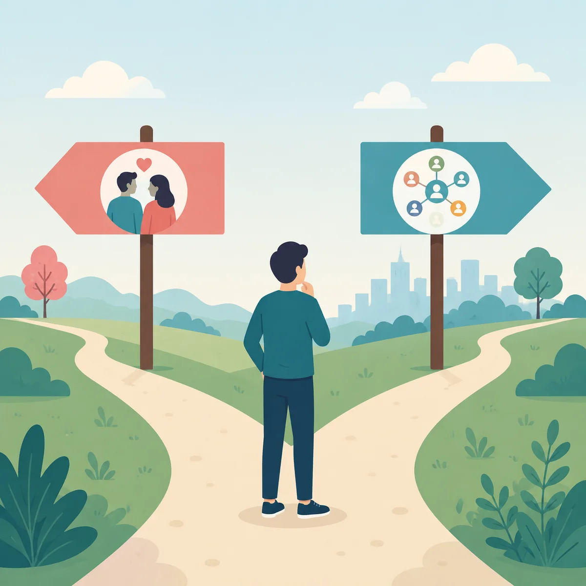 Flat vector illustration of a fork in the road for choosing between open relationship and polyamory